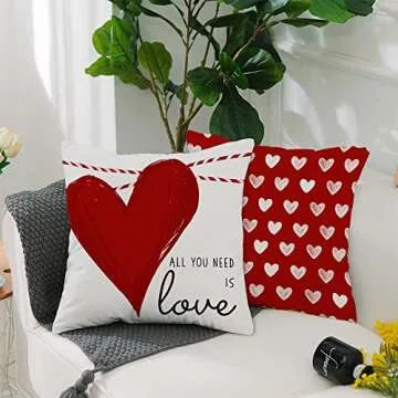GEEORY Valentines Day Pillow Covers 18X18 inch Set of 4 for Valentines Decor Red White Stripes Dots Love Heart Valentines Day Throw Pillows Decorative Cushion Cases Valentine Decorations