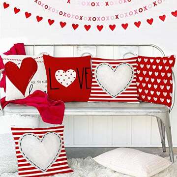 GEEORY Valentines Day Pillow Covers 18X18 inch Set of 4 for Valentines Decor Red White Stripes Dots Love Heart Valentines Day Throw Pillows Decorative Cushion Cases Valentine Decorations