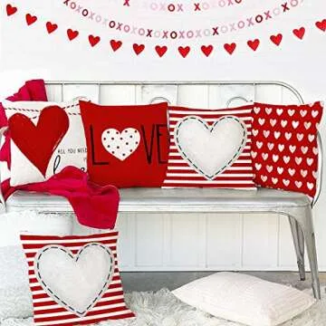 GEEORY Valentines Day Pillow Covers 18X18 inch Set of 4 for Valentines Decor Red White Stripes Dots Love Heart Valentines Day Throw Pillows Decorative Cushion Cases Valentine Decorations