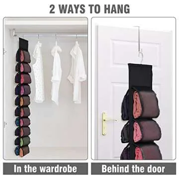 Aulock 2 Pack Legging Storage Organizer, Hanging Closet Organizer System, Black Clothes Closets Holder with 20 Roll Independent Compartments for Yoga T-Shirts Bras Socks Pants Tank Top Towel