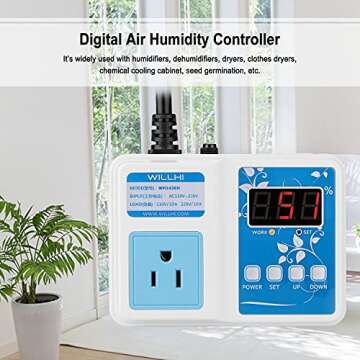 WILLHI WH1436H 110V Digital Air Humidity Controller with LCD Display High Accuracy Humidity Sensor & 118'' Power Cable, Humidification Mode & Dehumidification Mode+1pc Extra Sensor