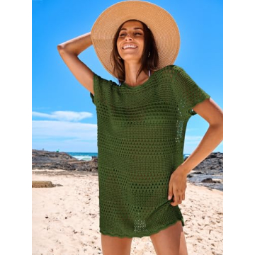 ANRABESS Women Swimsuit Crochet Swim Cover Up Summer Bathing Suit Swimwear Knit Short Sleeve Pullover 2025 Beach Dress
