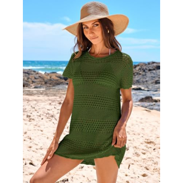 ANRABESS Women Swimsuit Crochet Swim Cover Up Summer Bathing Suit Swimwear Knit Short Sleeve Pullover 2025 Beach Dress