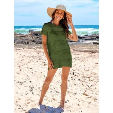 ANRABESS Women Swimsuit Crochet Swim Cover Up Summer Bathing Suit Swimwear Knit Short Sleeve Pullover 2025 Beach Dress