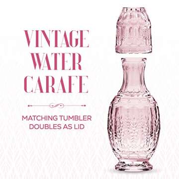 Elle Décor Vintage Bedside Water Carafe With Tumbler – Elegant Pitcher and Matching Drinking Glass Doubles As Lid For Guest Room, Office-Makes A Gift, 4.7x10.4, Pink