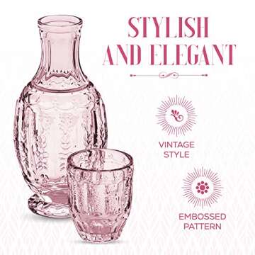 Elle Décor Vintage Bedside Water Carafe With Tumbler – Elegant Pitcher and Matching Drinking Glass Doubles As Lid For Guest Room, Office-Makes A Gift, 4.7x10.4, Pink