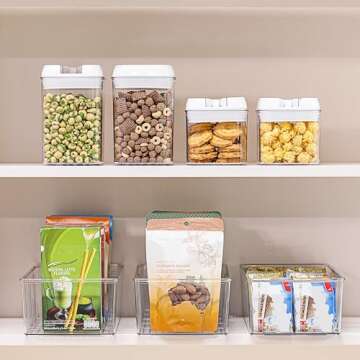 Vtopmart 6 Pack Food Storage Organizer Bins, Clear Plastic Bins for Pantry, Kitchen, Fridge, Cabinet Organization and Storage, 4 Compartment Holder Packets, Snacks, Pouches, Spice Packets