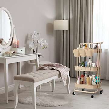 danpinera 3 Tier Rolling Utility Cart with Lockable Wheels & Hanging Cups & Hooks Storage Organizati...