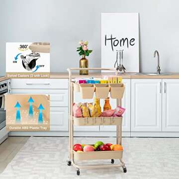 danpinera 3 Tier Rolling Utility Cart with Lockable Wheels & Hanging Cups & Hooks Storage Organization Shelves for Kitchen, Bathroom, Office, Library, Coffee Bar Trolley Service Cart (Beige)