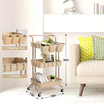 danpinera 3 Tier Rolling Utility Cart with Lockable Wheels & Hanging Cups & Hooks Storage Organization Shelves for Kitchen, Bathroom, Office, Library, Coffee Bar Trolley Service Cart (Beige)