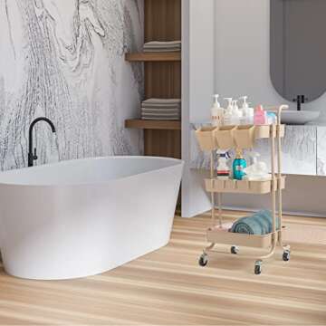 danpinera 3 Tier Rolling Utility Cart with Lockable Wheels & Hanging Cups & Hooks Storage Organization Shelves for Kitchen, Bathroom, Office, Library, Coffee Bar Trolley Service Cart (Beige)