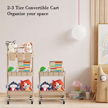 danpinera 3 Tier Rolling Utility Cart with Lockable Wheels & Hanging Cups & Hooks Storage Organization Shelves for Kitchen, Bathroom, Office, Library, Coffee Bar Trolley Service Cart (Beige)