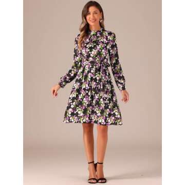 Elegant Floral Long Sleeve A-line Knee Length Dress for Women