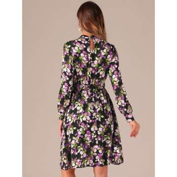 Elegant Floral Long Sleeve A-line Knee Length Dress for Women