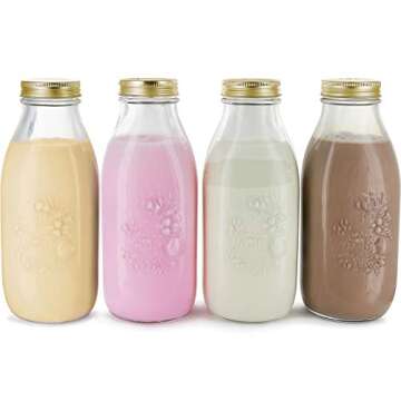 Estilo Reusable Glass Bottles w/ Metal Lids, 4pcs, 33.8 oz | Clear Water Bottle, Glass Jar with Lid/Caps, Bulk Small Jars, Liquids Storage Container | Juice, Smoothie, Potion, Alcohol, Milk for Fridge