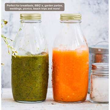 Estilo Reusable Glass Bottles w/ Metal Lids, 4pcs, 33.8 oz | Clear Water Bottle, Glass Jar with Lid/Caps, Bulk Small Jars, Liquids Storage Container | Juice, Smoothie, Potion, Alcohol, Milk for Fridge