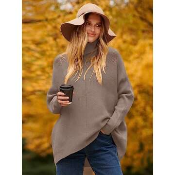 ANRABESS Women's Turtle Neck Long Batwing Sleeve Loose Oversized Chunky Knit Pullover Sweater Mutmeg XL