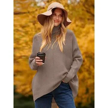 ANRABESS Women's Turtle Neck Long Batwing Sleeve Loose Oversized Chunky Knit Pullover Sweater Mutmeg XL