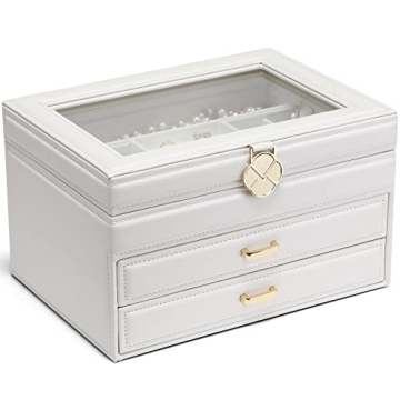 Vlando White Jewelry Box Leather Jewelry Organizer 3 Layer Glass Jewelry Boxes with 2 Drawers Large ...