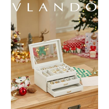 Stylish Vlando White Jewelry Box with Glass Lid and Drawers