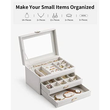 Stylish Vlando White Jewelry Box with Glass Lid and Drawers