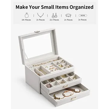 Stylish Vlando White Jewelry Box with Glass Lid and Drawers