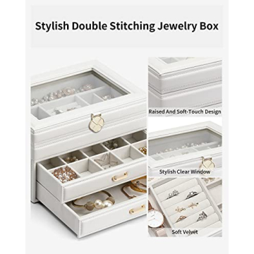 Stylish Vlando White Jewelry Box with Glass Lid and Drawers
