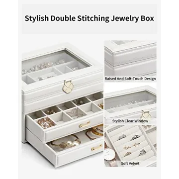 Stylish Vlando White Jewelry Box with Glass Lid and Drawers