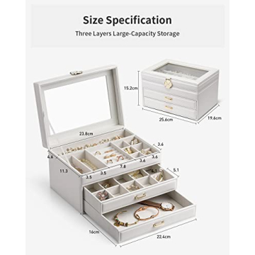 Stylish Vlando White Jewelry Box with Glass Lid and Drawers