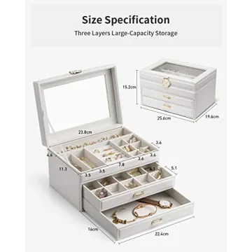 Stylish Vlando White Jewelry Box with Glass Lid and Drawers