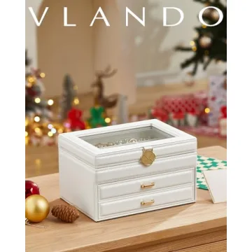 Stylish Vlando White Jewelry Box with Glass Lid and Drawers