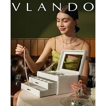 Stylish Vlando White Jewelry Box with Glass Lid and Drawers