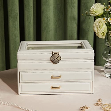 Stylish Vlando White Jewelry Box with Glass Lid and Drawers