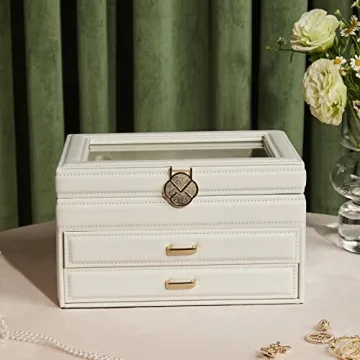 Stylish Vlando White Jewelry Box with Glass Lid and Drawers