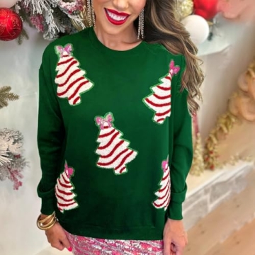 Adoeren Women Christmas Glitter Sweatshirt Sequined Sleeve Crewneck Pullover Top Sparkly Graphic Funny Xmas Holiday Santa Shirts(Trees Green,S)