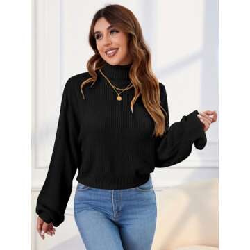 ZAFUL Women's Crew Neck Long Sleeve Pullover Crop Sweater Mock Neck Lantern Sleeve Ribbed Knit Cropped Sweater