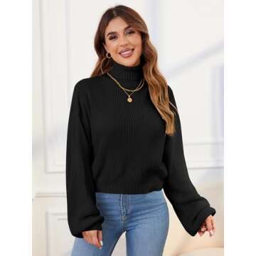 ZAFUL Women's Crew Neck Long Sleeve Pullover Crop Sweater Mock Neck Lantern Sleeve Ribbed Knit Cropped Sweater