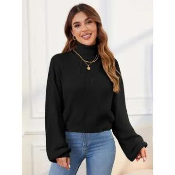ZAFUL Women's Crew Neck Long Sleeve Pullover Crop Sweater Mock Neck Lantern Sleeve Ribbed Knit Cropped Sweater