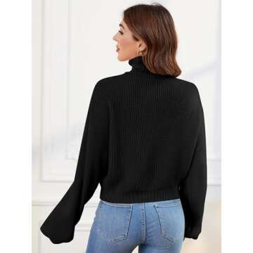 ZAFUL Women's Crew Neck Long Sleeve Pullover Crop Sweater Mock Neck Lantern Sleeve Ribbed Knit Cropped Sweater