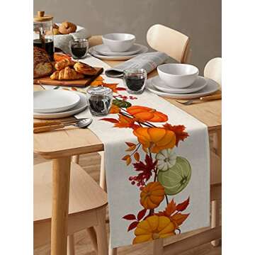 Autumn Maple Leaves Harvest Pumpkin Table Runners 120 Inches Long Washable Thanksgiving Table Runner for Round Table Kitchen Coffee Dining End Table Living Room Use