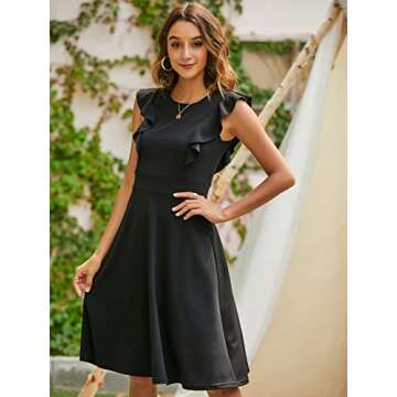 YATHON Women's Vintage Ruffle Floral Flared A Line Swing Casual Cocktail Party Dresses (S, YT001-Black)