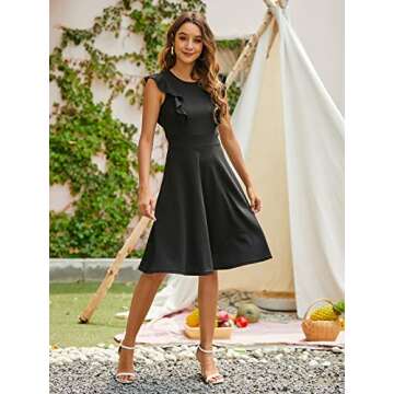 YATHON Women's Vintage Ruffle Floral Flared A Line Swing Casual Cocktail Party Dresses (S, YT001-Black)