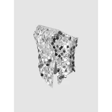 CIDER Sequin Asymmetrical Split Tube Crop Top: Silver, M