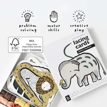 Wee Gallery Jungle Animals Lacing Cards for Toddlers, Sewing Board, Preschool Toys, Montessori Learning Activity for Kids, Learn Motor Skills, Colors, Travel Game, with Soy Inks (Ages 3 4 5 Years +)
