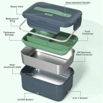 Vingud Electric Lunch Box Food Heater, 1.8L Heating Lunch Box for Work/Car/Truck, Heated Lunch Boxes for Adults with 1.8L Stainless Steel Container, 12V 24V 110V (Dark Gray)