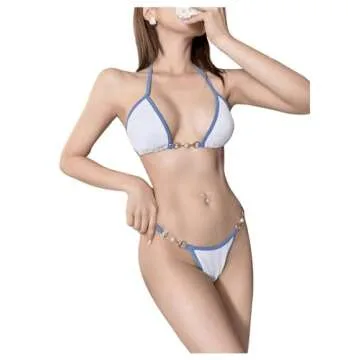 GORGLITTER Women's 2 Piece Thong Bikini Set Sexy String Cheeky Bottom Swimsuit Y2K Micro Chain High Cut Bathing Suit Blue and White Small