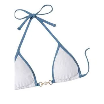 GORGLITTER Women's 2 Piece Thong Bikini Set Sexy String Cheeky Bottom Swimsuit Y2K Micro Chain High Cut Bathing Suit Blue and White Small