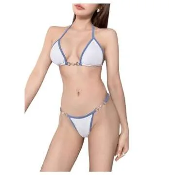 GORGLITTER Women's 2 Piece Thong Bikini Set Sexy String Cheeky Bottom Swimsuit Y2K Micro Chain High Cut Bathing Suit Blue and White Small