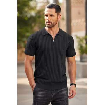 COOFANDY Men's Zipper Polo Shirts Short Sleeve Ribbed Knit Polo T Shirts Fashion Casual Golf Shirts ...