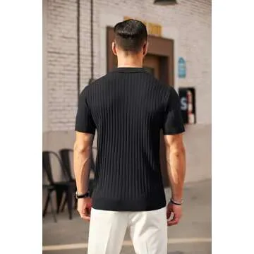COOFANDY Men's Zipper Polo Shirts Short Sleeve Ribbed Knit Polo T Shirts Fashion Casual Golf Shirts Black